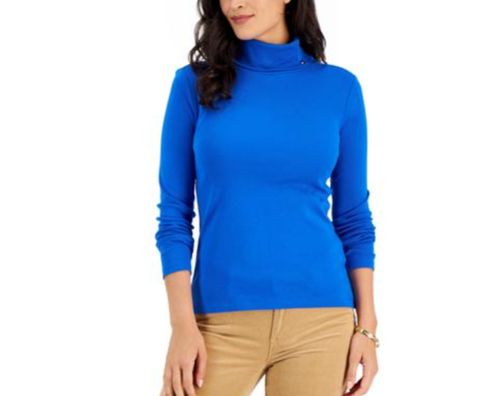 Tommy Hilfiger Women's Long Sleeve Cotton Turtleneck Top Blue Size XL 3941